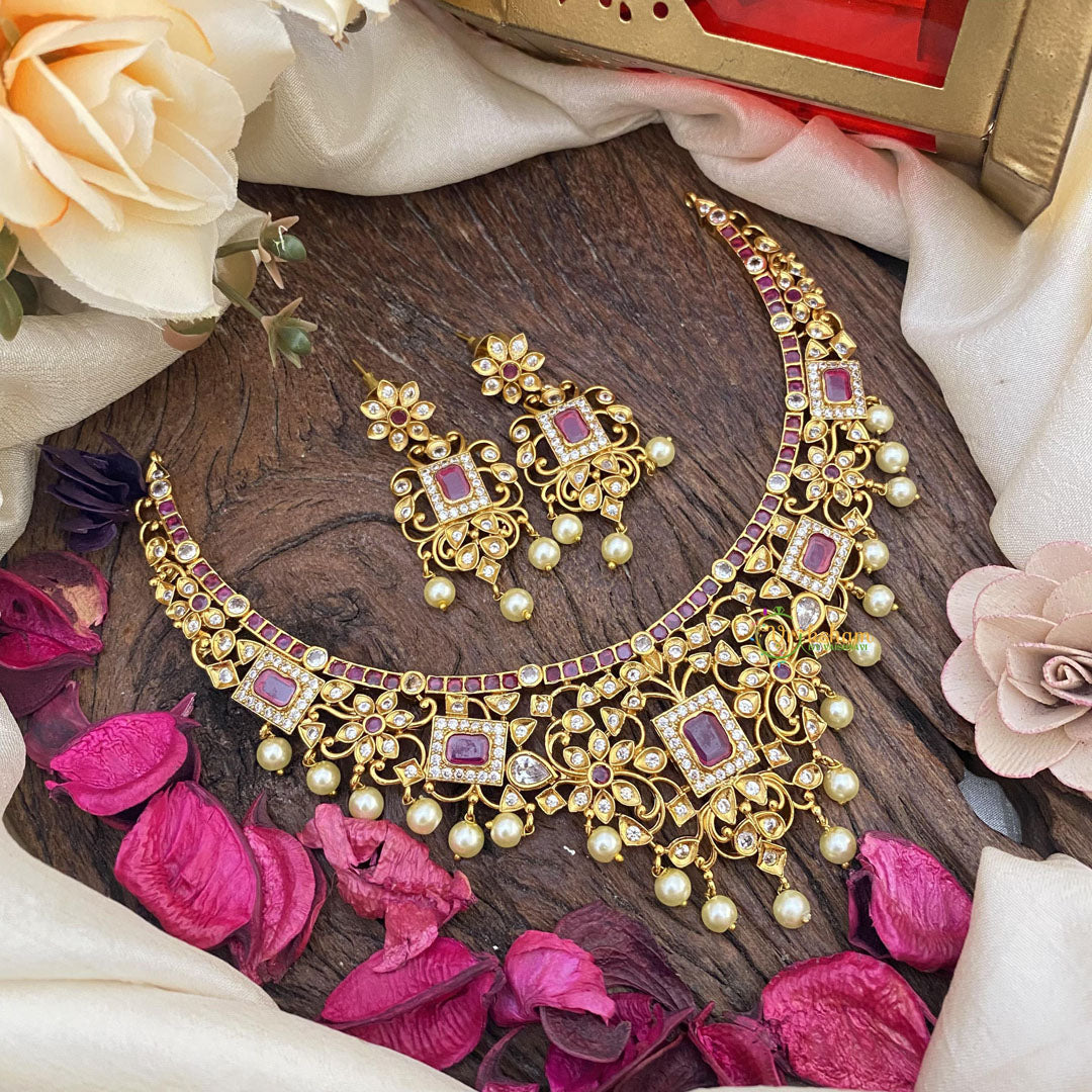 Premium AD Stone Neckpiece-Red-G15492