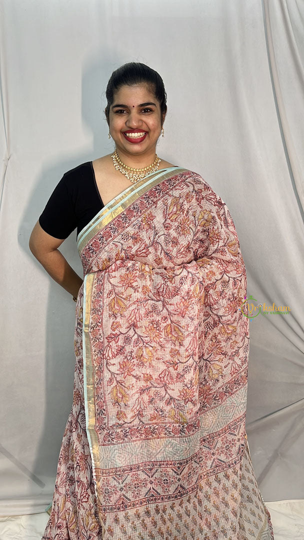 Vriksham Baby Pink Floral Print Kota Cotton Saree-VS4450