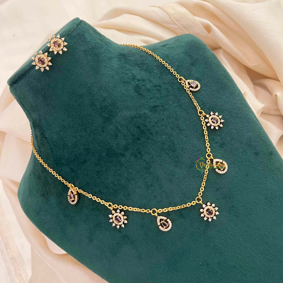 Vriksham CZ Sunburst Charm & Teardrop Drops With Matching Studs Pendant Chain-Purple-G21822