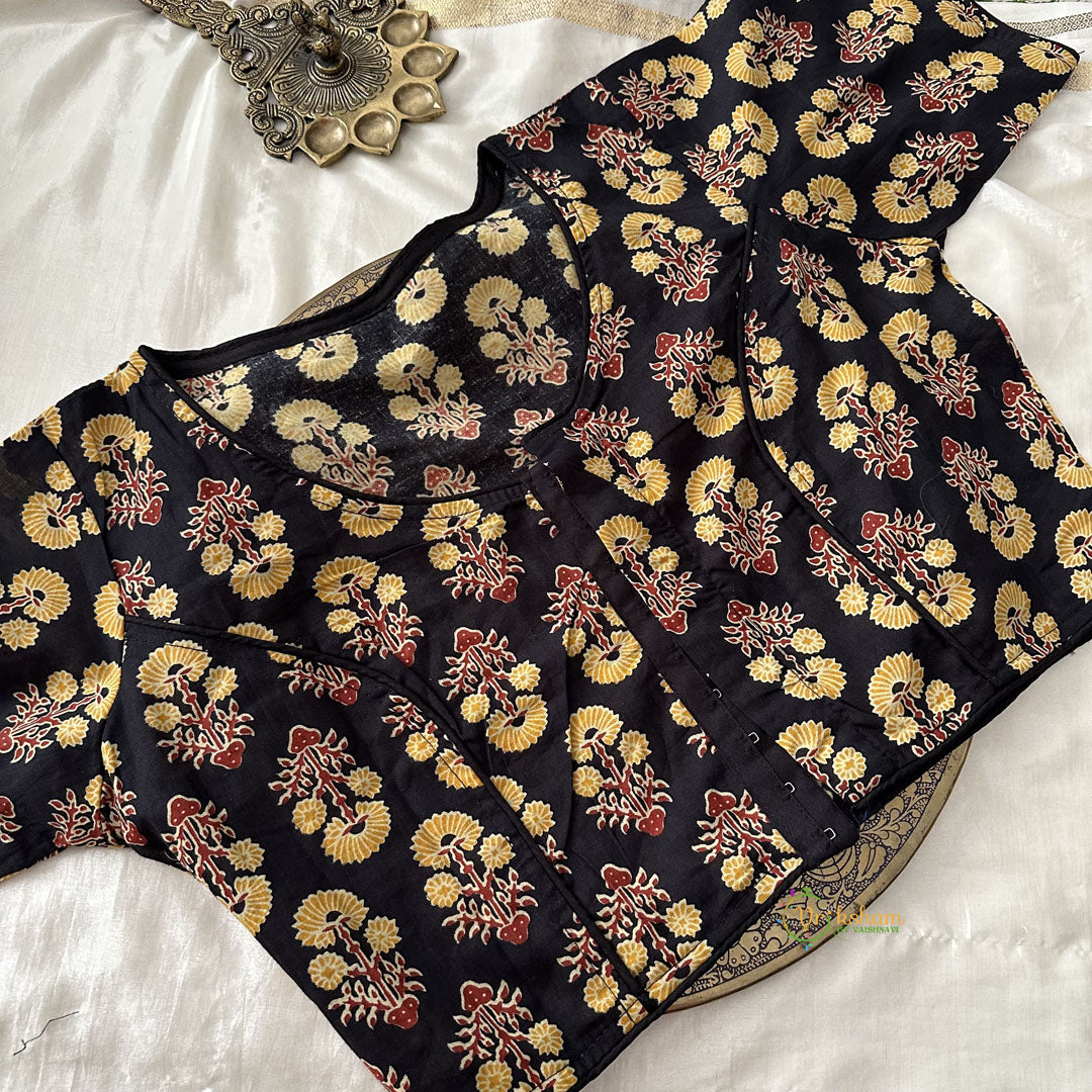 Premium Kalamkari Readymade Blouse -Kalamkari Print -Black Yellow Red-VS3797