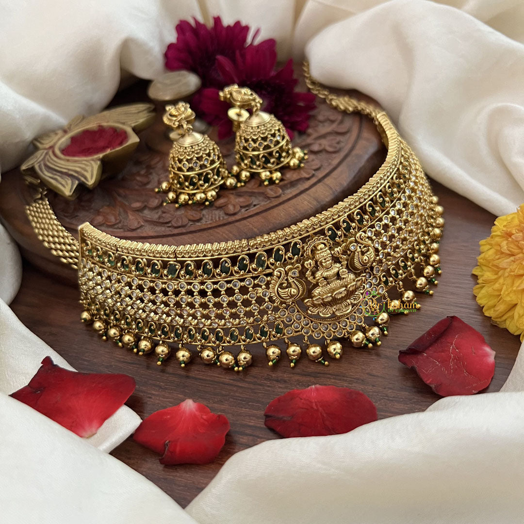 Vriksham Gold Polish Peacock Lakshmi High Neck Choker-Green-Gold Bead-G18914