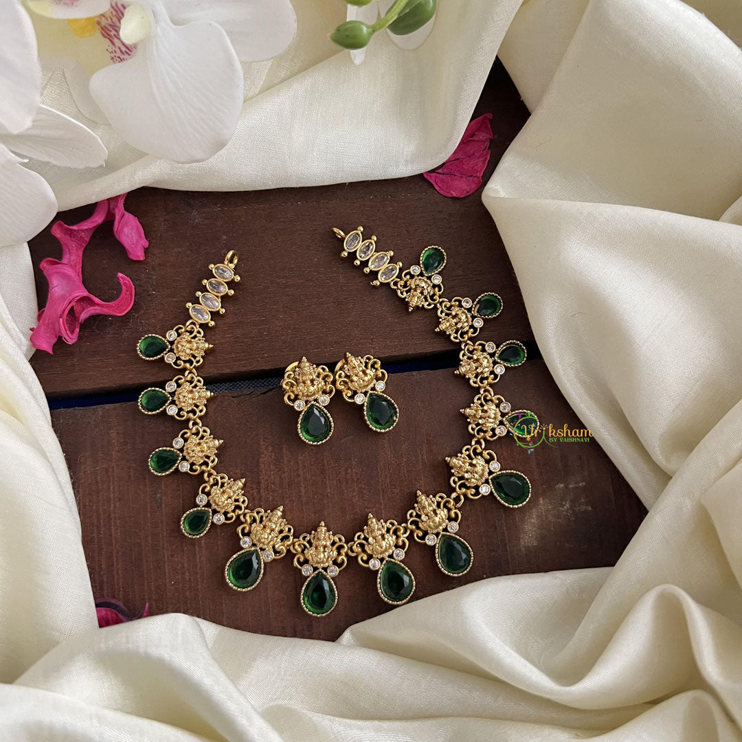 Premium Green AD Stone Lakshmi Neckpiece-Tear Drop-G14538