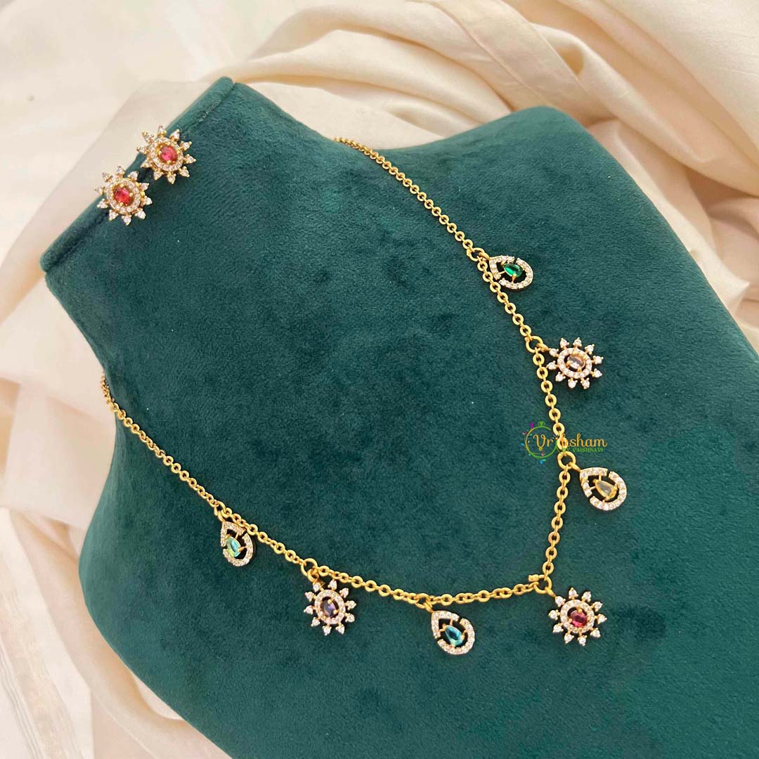 Vriksham Multi Color CZ Sunburst Charm & Teardrop Drops With Matching Studs Pendant Chain-G21823