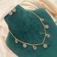 Vriksham CZ Sunburst Charm & Teardrop Drops With Matching Studs Pendant Chain-Red-G21821