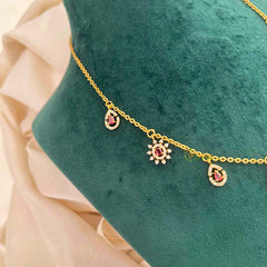 Vriksham CZ Sunburst Charm & Teardrop Drops With Matching Studs Pendant Chain-Red-G21821