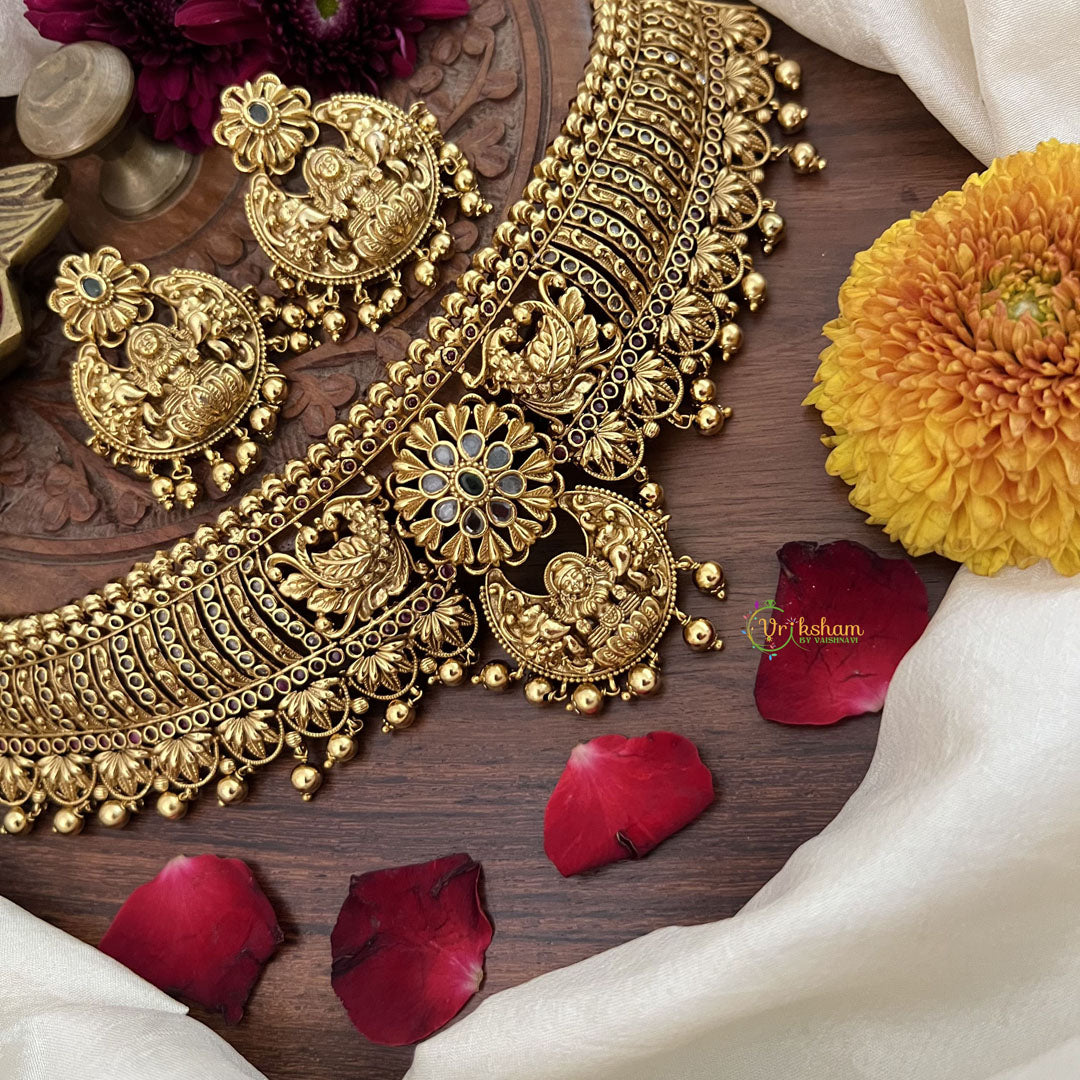 Vriksham Gold Plated South Indian Lakshmi Design Stone High Neck-Gold Bead-G18910