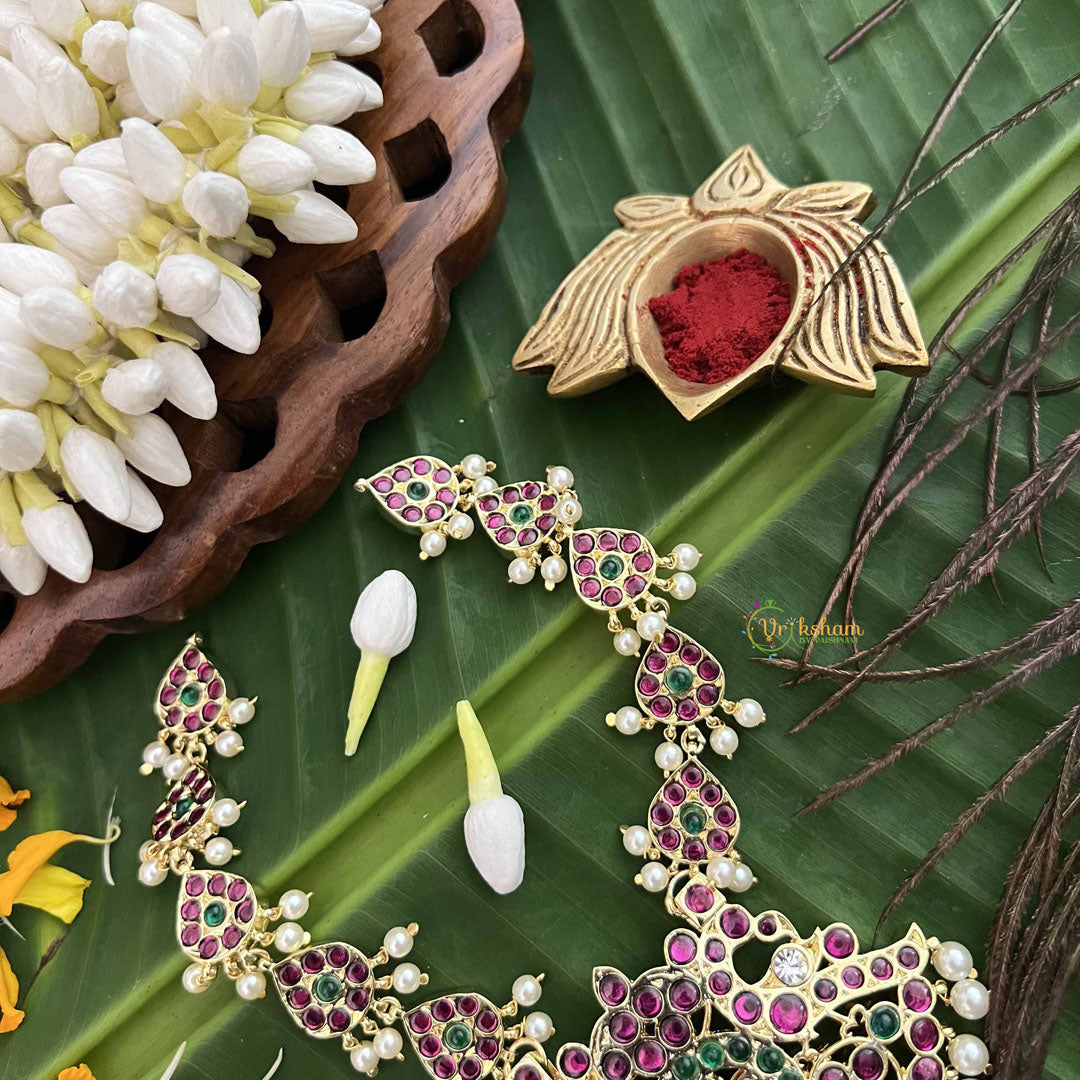 Vriksham Majestic Polki Gold Look Precious Kemp With Pearl Short Neckpiece-Red Green-G20476