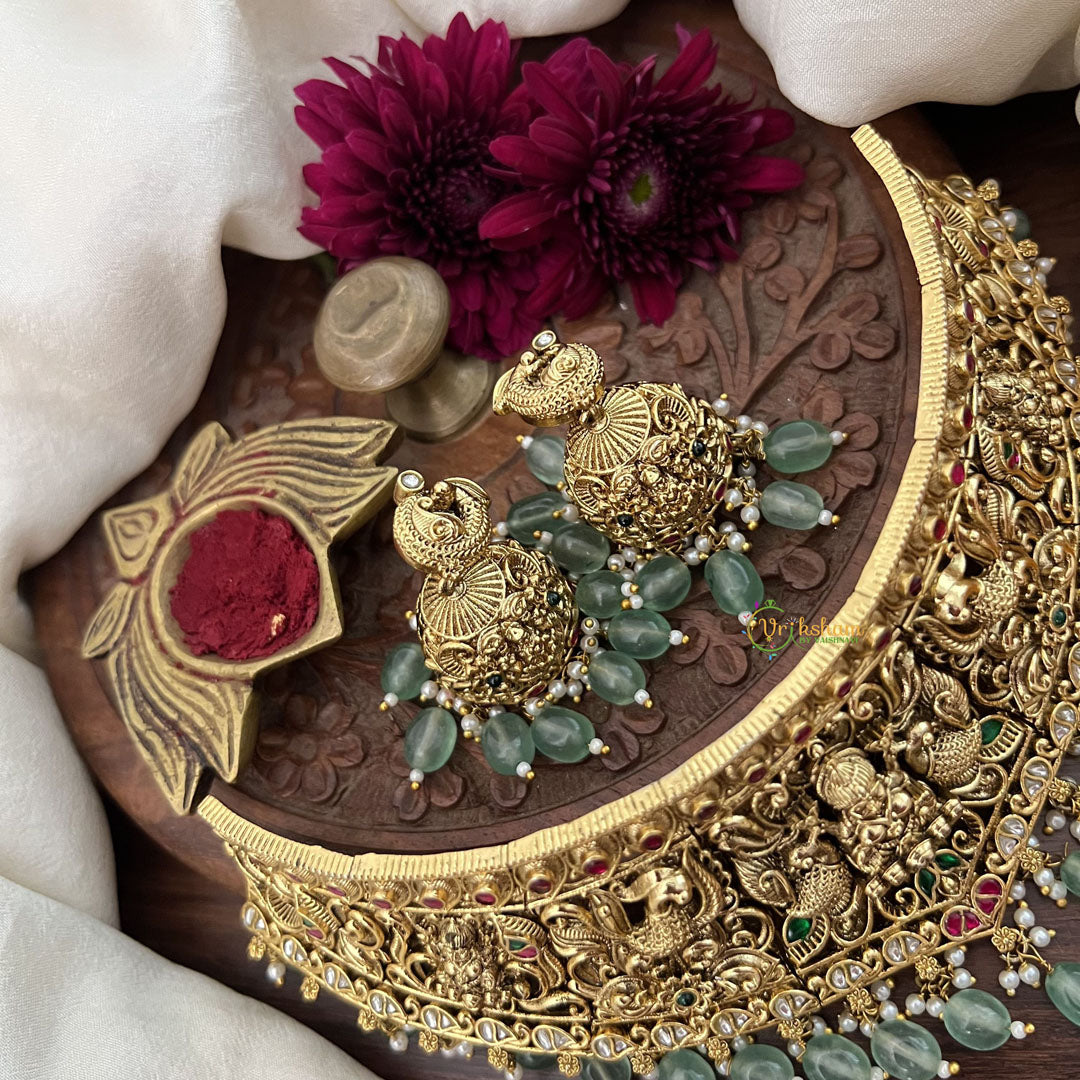 Vriksham Unique Lakshmi With Peacock Style High Neck Choker-Aqua Green Bead-G18906