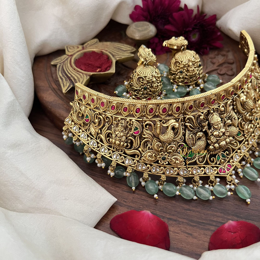 Vriksham Unique Lakshmi With Peacock Style High Neck Choker-Aqua Green Bead-G18906