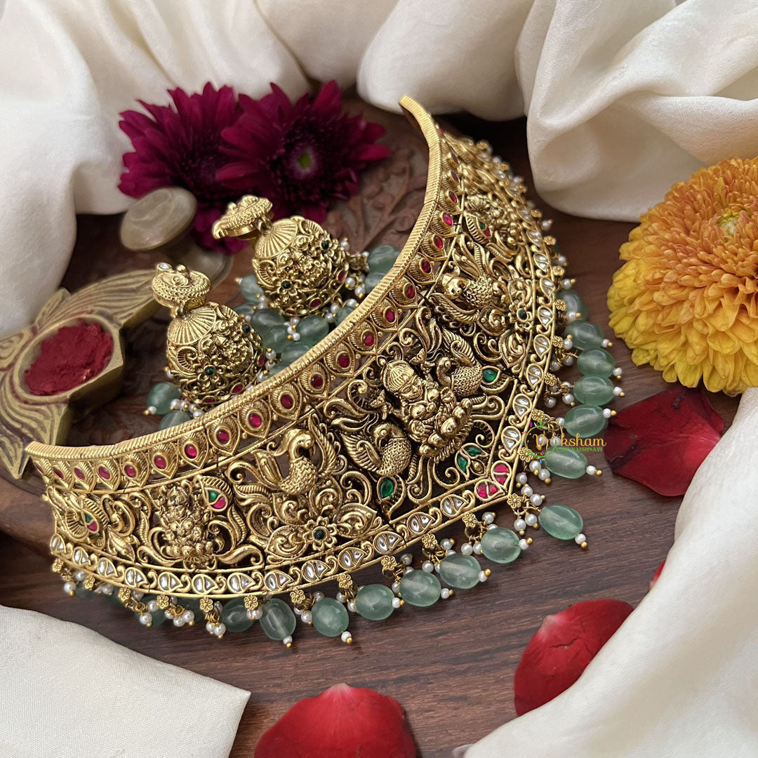 Vriksham Unique Lakshmi With Peacock Style High Neck Choker-Aqua Green Bead-G18906