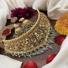 Vriksham Unique Lakshmi With Peacock Style High Neck Choker-Aqua Green Bead-G18906