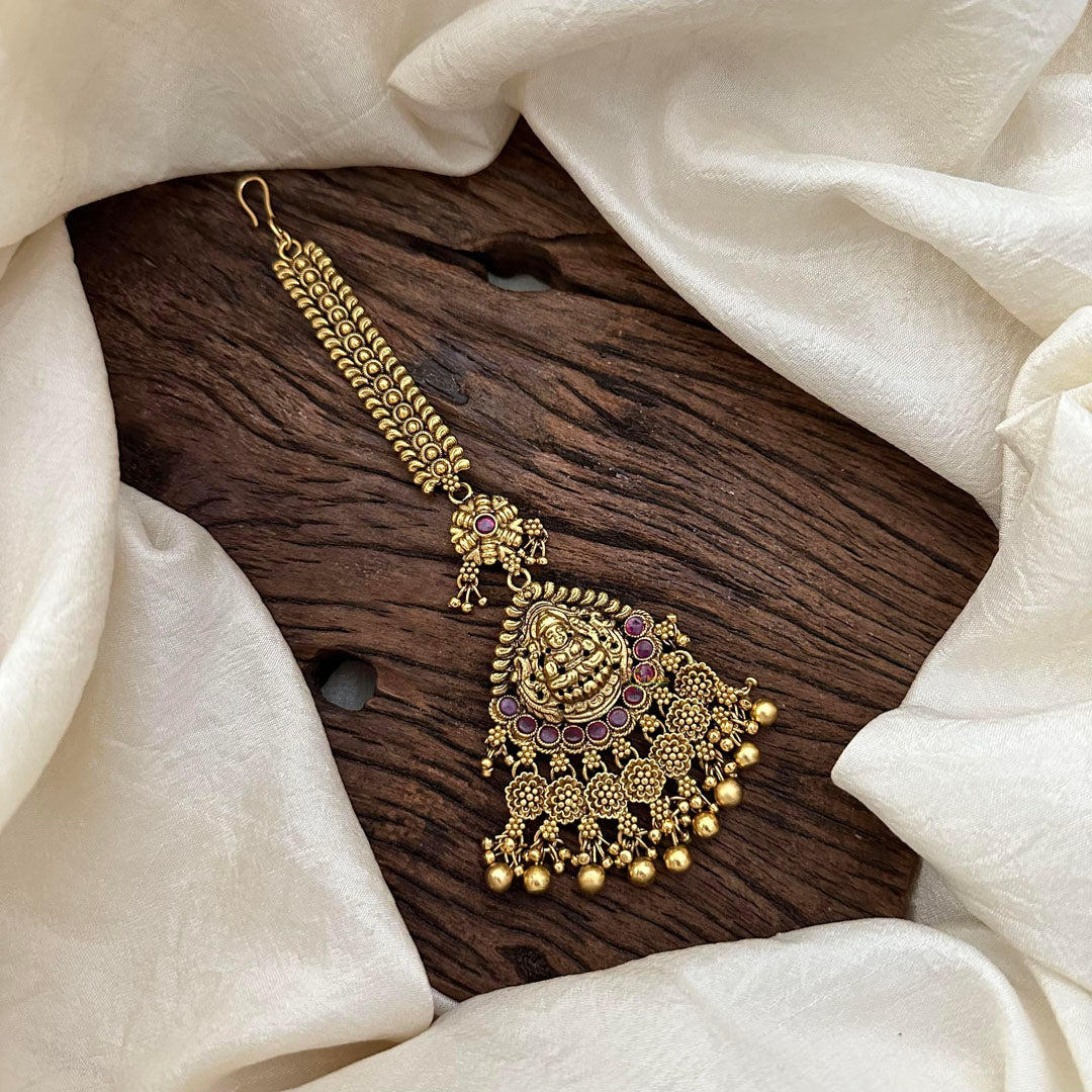 Premium Lakshmi Maang Tikka-Red-Gold Bead-G13527