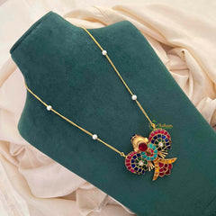 Vriksham Vibrant Navaratna-Style Gold Finish GandaBenda Multi Color Kundan Jadau With Delicate Pearl Chain Pendant Necklace-J4212