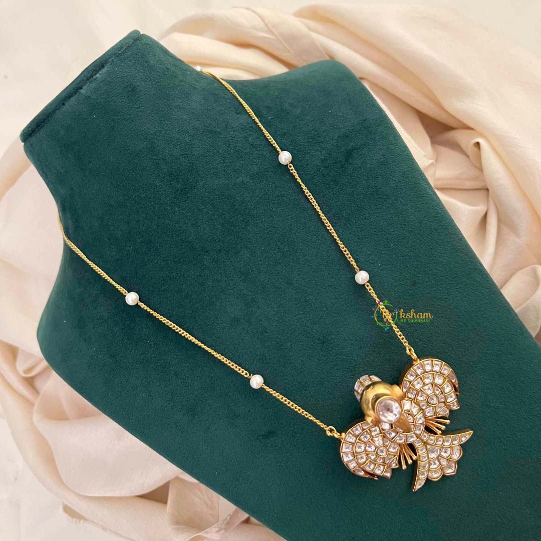 Vriksham Vibrant Navaratna-Style Gold Finish GandaBenda White Kundan Jadau With Delicate Pearl Chain Pendant Necklace-J4211