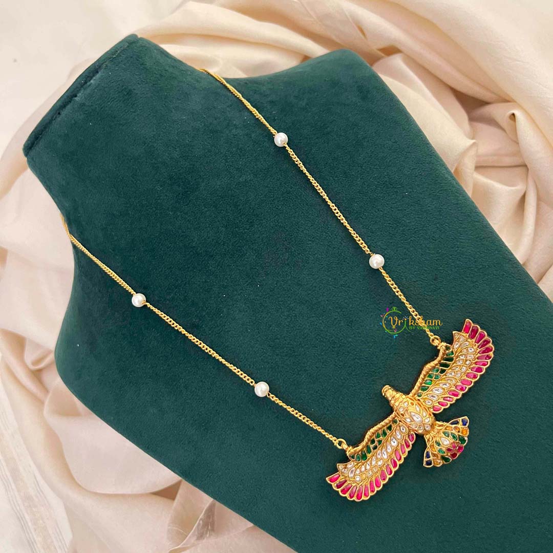 Vriksham Modern GandaBenda Bird Multi Color Kundan Jadau With Delicate Pearl Chain Pendant Necklace-J4210