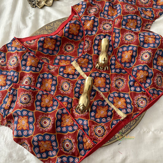 Premium Kalamkari Readymade Blouse -Kalamkari Print -Red Blue Mustard-VS3798