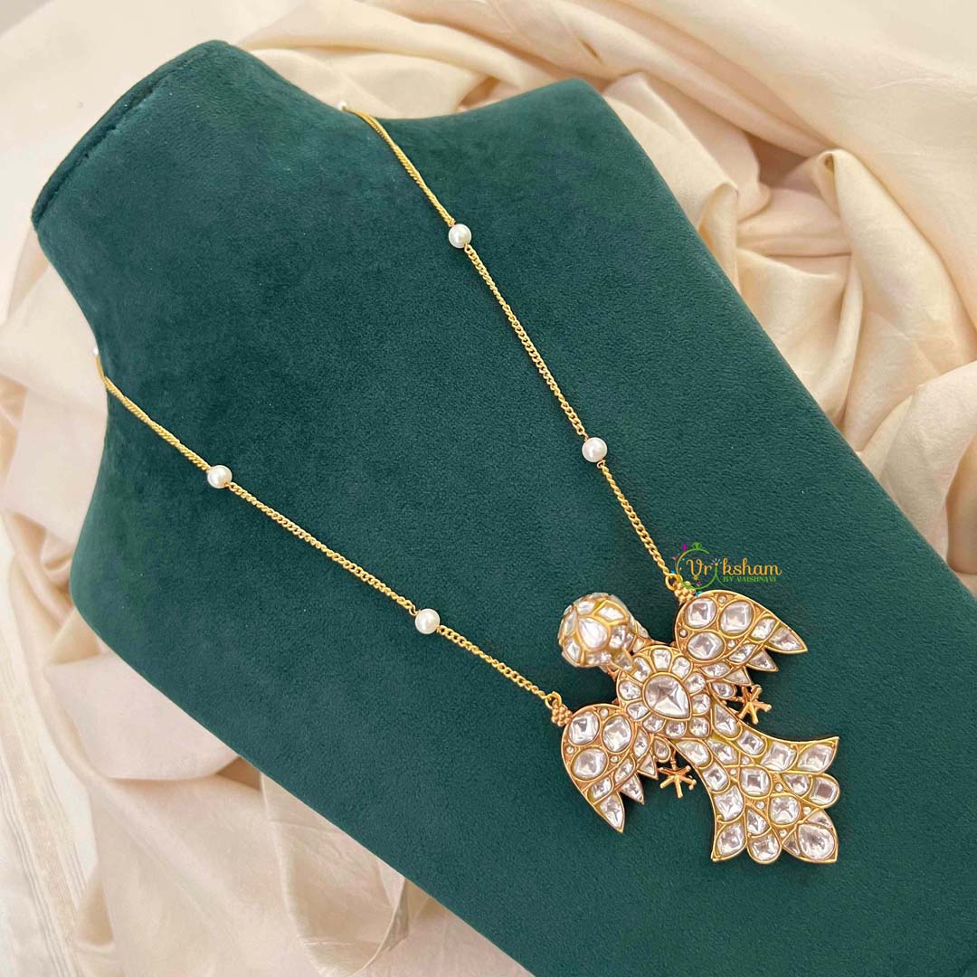 Vriksham White Winged Heritage GandaBenda Kundan Jadau With Delicate Pearl Chain Pendant Necklace-J4214