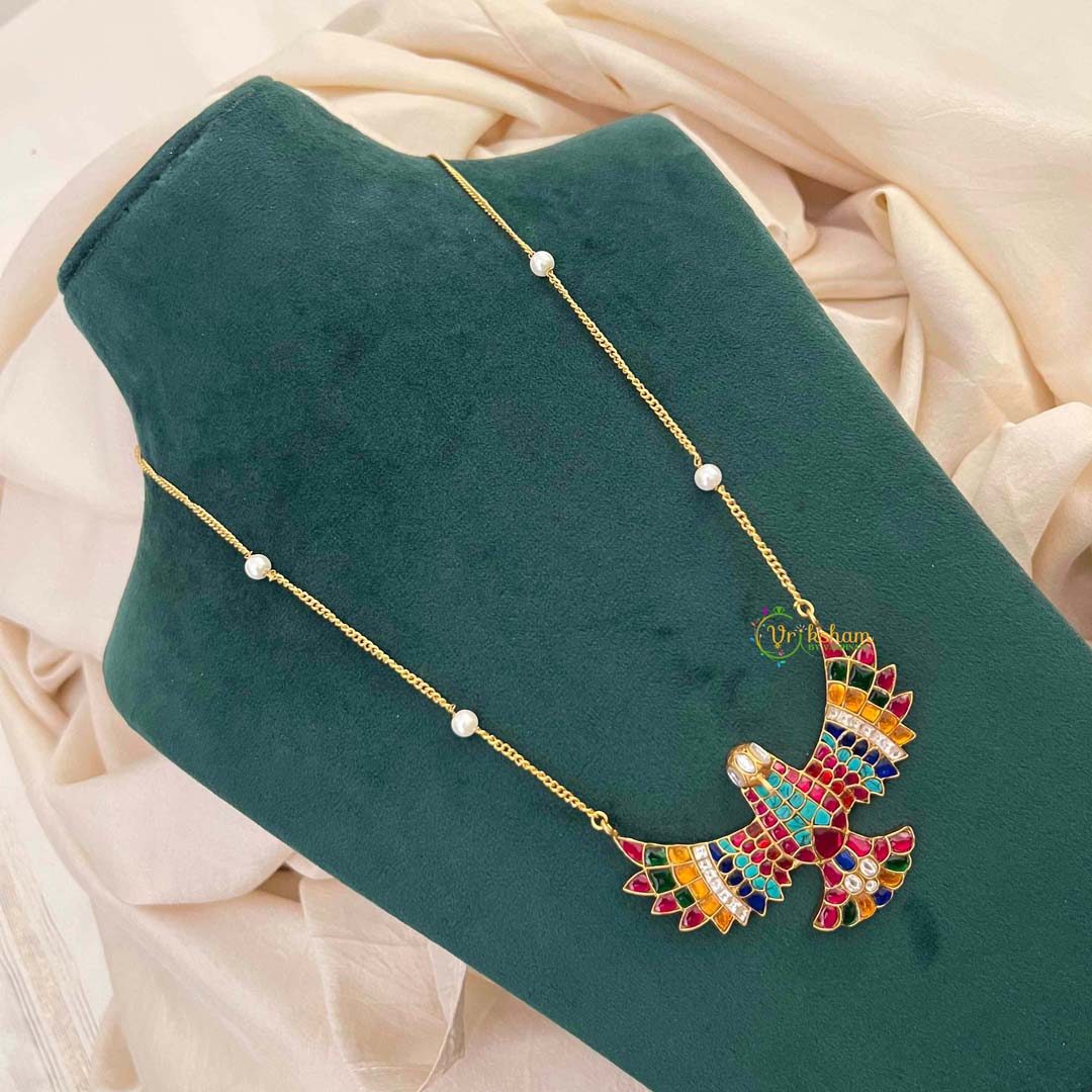 Vriksham Handcrafted Multi Color Stone Garudbenda Eagle With Pearl Accents Pendant Necklace-J4206