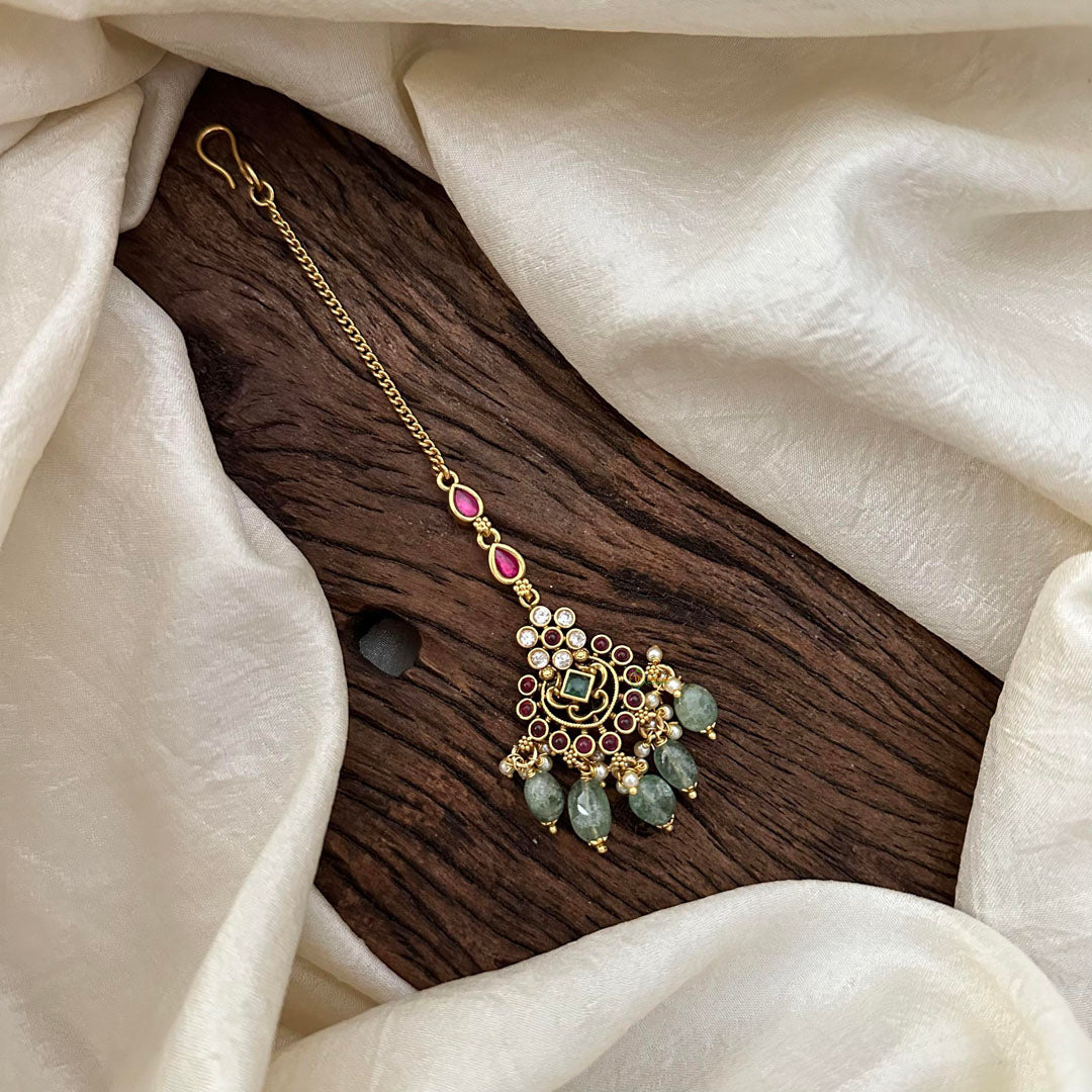 Simple Maang Tikka-Aqua Green Bead-Pearl-G13520