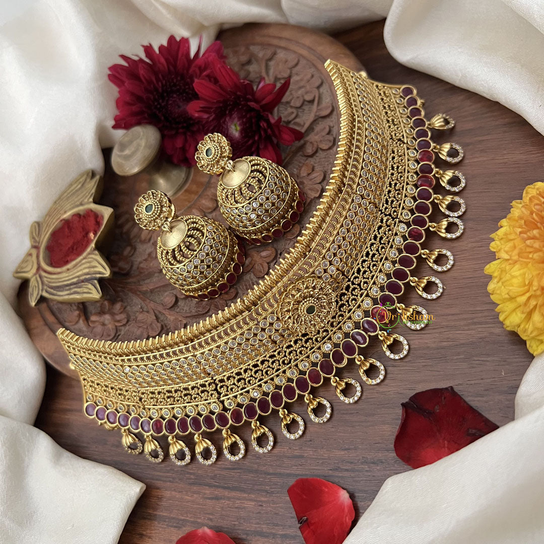 Vriksham Designer Floral AD Stone High Neck Choker-Red-Stone With Gold Bead-G18892
