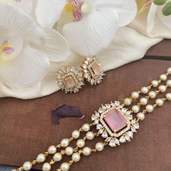 Trendy 3 Layer Baby Pink AD Stone Choker-G14616