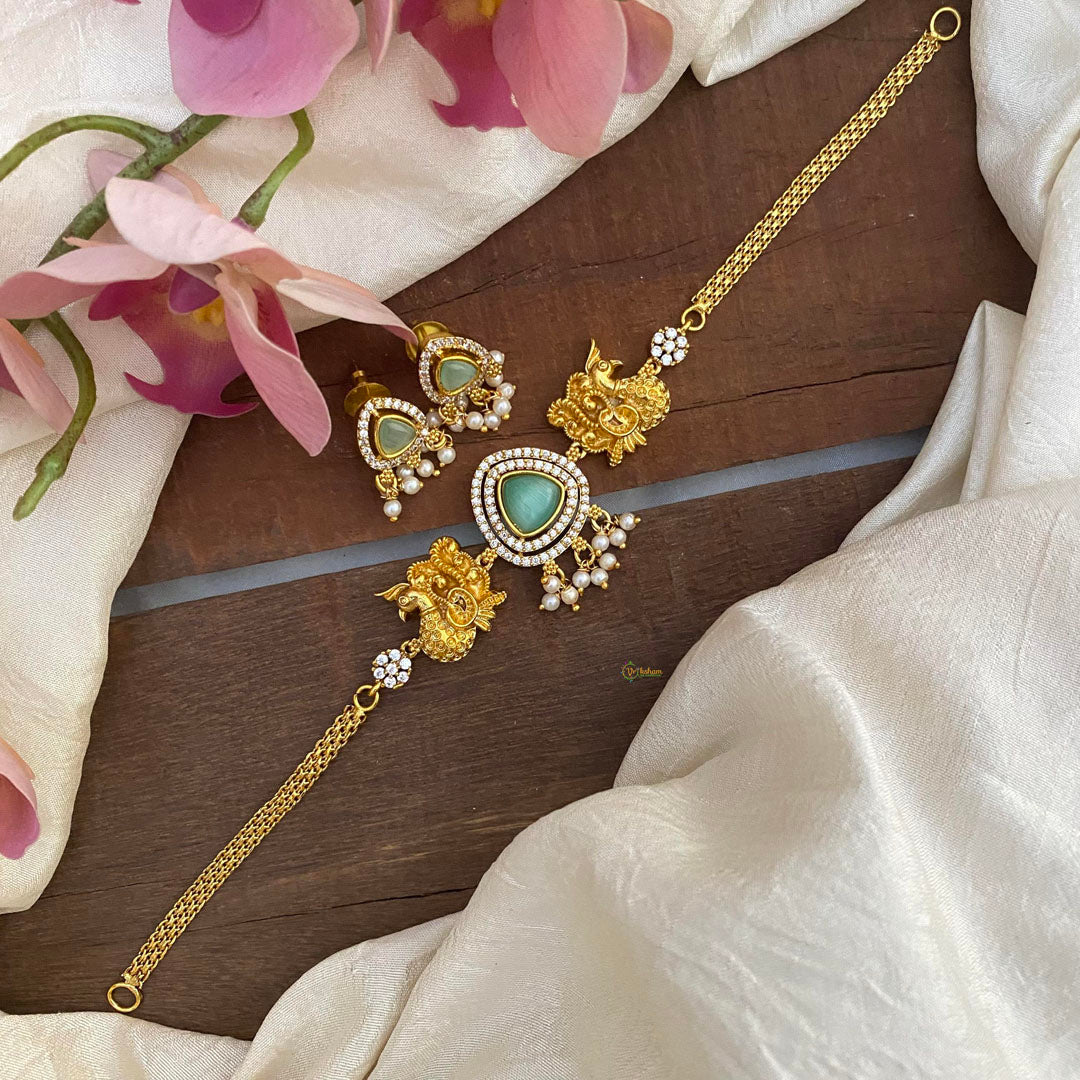 Stylish AD Stone Peacock Choker-Aqua Green-G12915