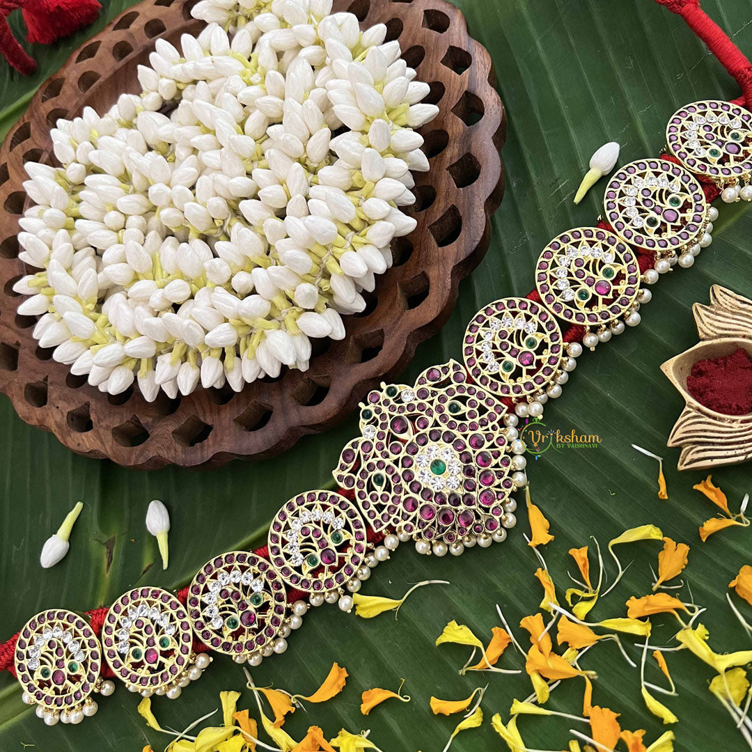 Vriksham Dual Peacock & Floral Precious Kemp Hipbelt-Pearl-Red Green & White-G20491