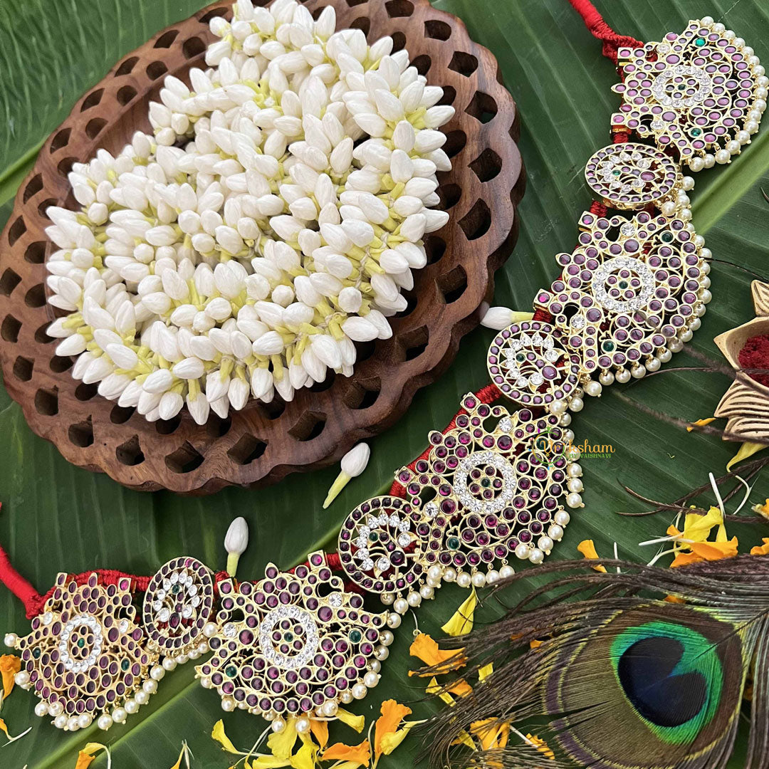 Vriksham Designer Peacock Grace & Floral Circle Precious Kemp Hipbelt-Pearl-Red Green & White-G20492