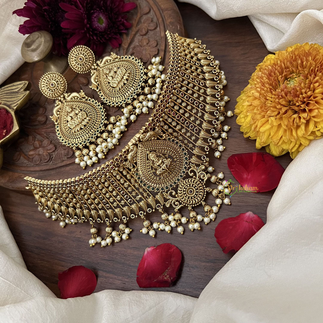 Vriksham Designer Lakshmi AD Stone High Neck Choker-Red Green-Gold Bead With Pearl-G18893