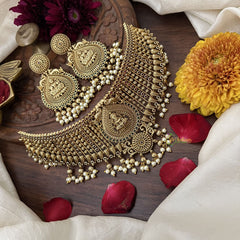 Vriksham Designer Lakshmi AD Stone High Neck Choker-Red Green-Gold Bead With Pearl-G18893