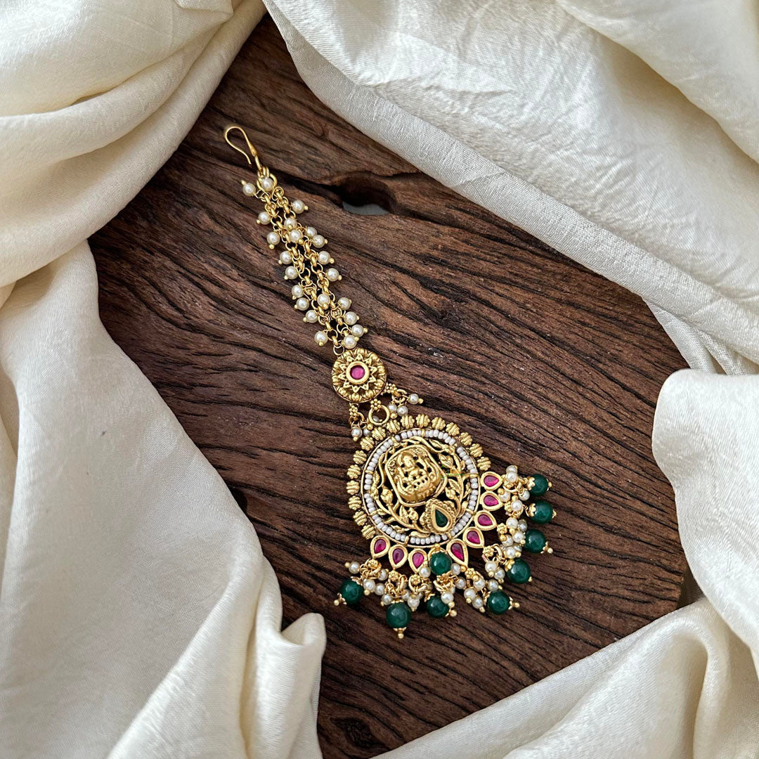 Premium Lakshmi Maang Tikka-Green Bead-Pearl-G13544