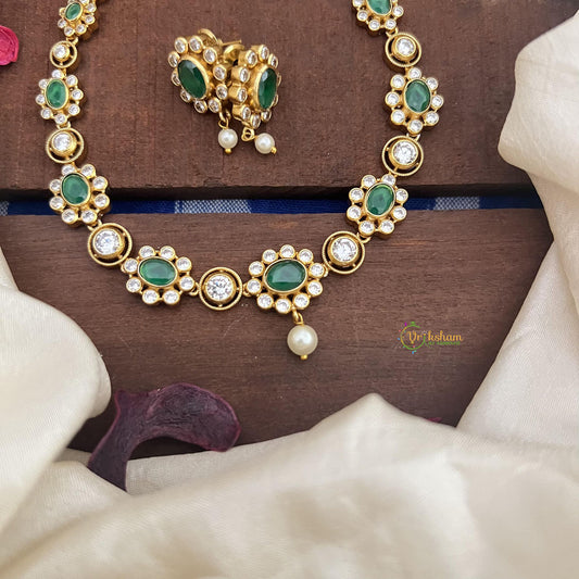 Gold Look Alike Green AD Stone Neckpiece-G14630