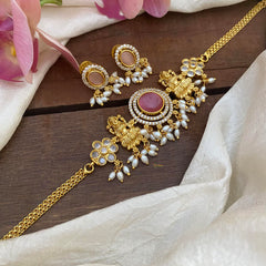 Premium Lakshmi Choker Neckpiece-Pastel Pink-Rice Pearls-G12817