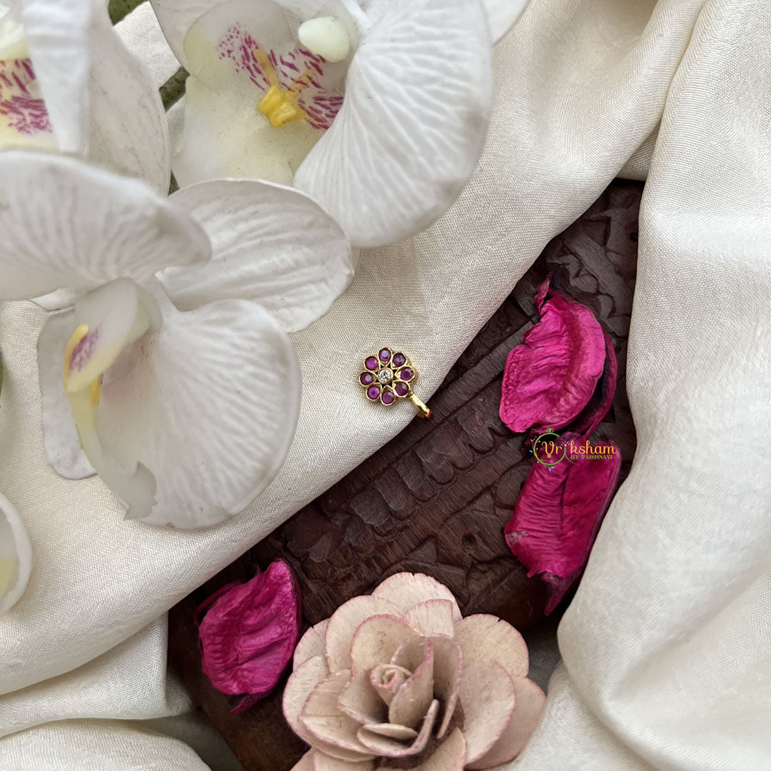 Vriksham Classic Floral Round Red White Stone Press Naths/Nose Pin-G19793