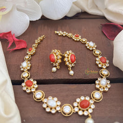 Gold Look Alike AD Stone Neckpiece-Coral-White-G14631