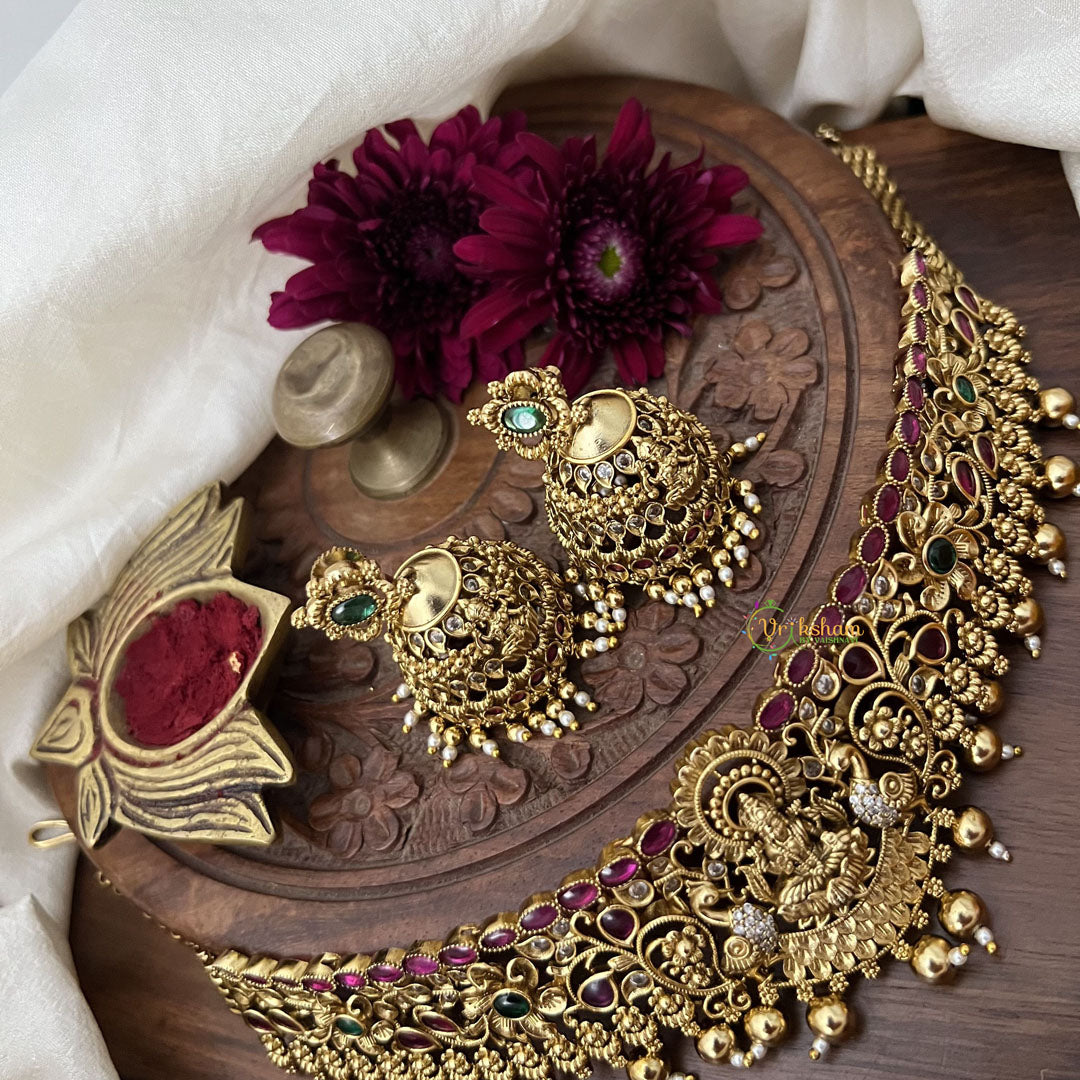 Vriksham Antique Finished Goddess Lakshmi High Neck Choker-Gold Bead-G18899
