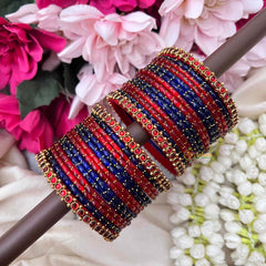 Vriksham Red and Cobalt Blue With Gilded Bead Borders Glass Bangles Set-G21761