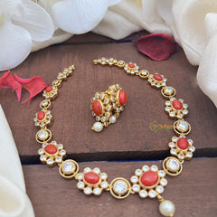 Gold Look Alike AD Stone Neckpiece-Coral-G14632