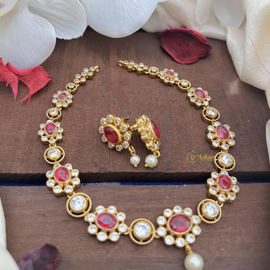 Gold Look Alike Red AD Stone Neckpiece-G14633