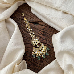 Elegant Chandbali Maang Tikka-Aqua Green Bead-Pearl-G13556