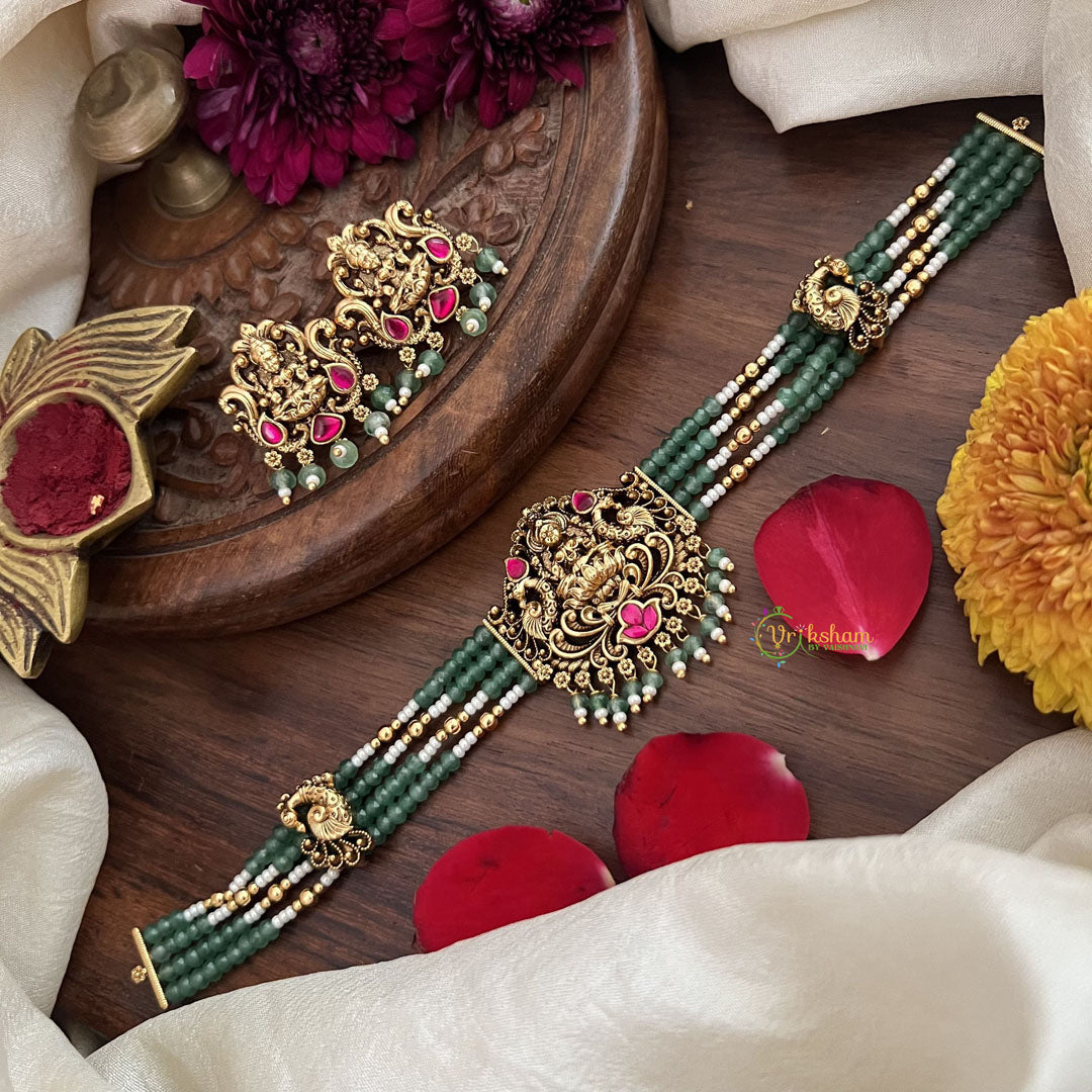 Vriksham 4 Layer Aqua Green Pearl Mala Dual Peacock High Neck Choker-Aqua Green Bead-G18916