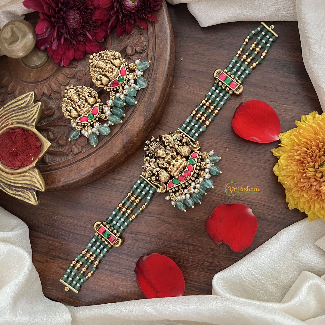 Vriksham 4 Layer Aqua Green Pearl Mala Lakshmi Pendant High Neck Choker-Red Green-Aqua Green Bead-G18919