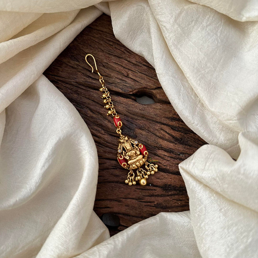 Simple Lakshmi Maang Tikka-Coral-Gold Bead-G13593