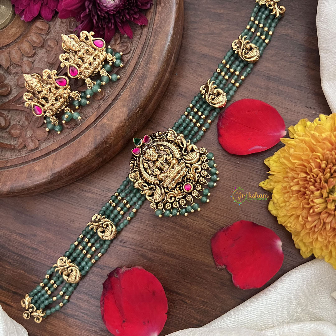 Vriksham Lakshmi Temple Choker-Red Green-Pastel Green Bead-G18926