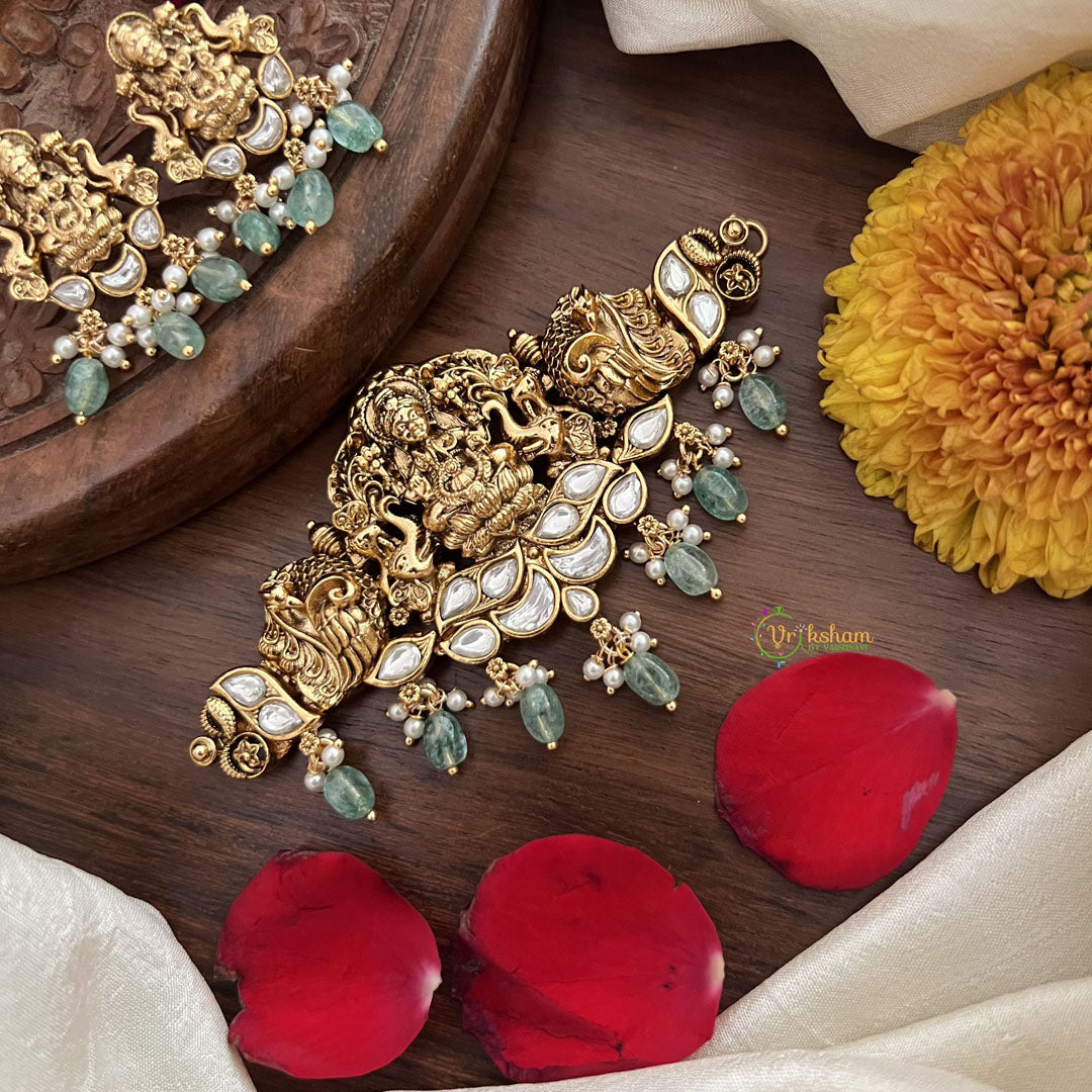 Vriksham Designer Lakshmi Temple Choker-White-Pastel Green Bead-G18927
