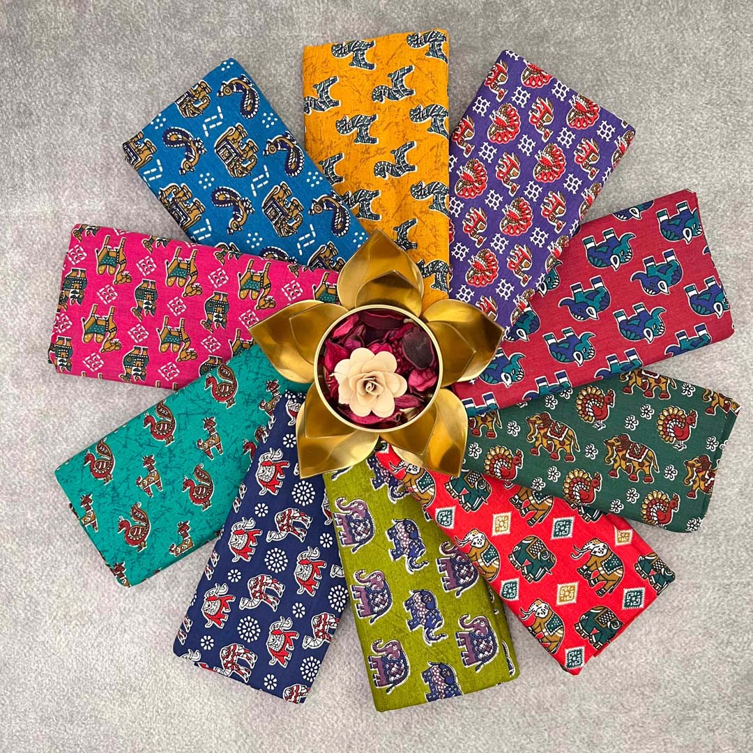 Vriksham Kalamkari Printed Cotton Fabric Floral & Geometric Patterns Blouse Bits-Set Of 10-VS5045
