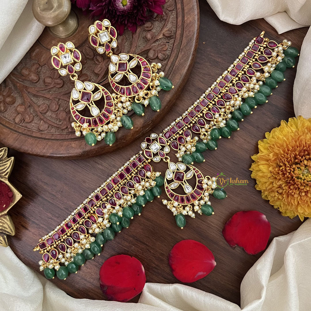 Vriksham Kemp Style Stone Flower Pendant High Neck Choker-Red Green-Aqua Green Bead-G18920