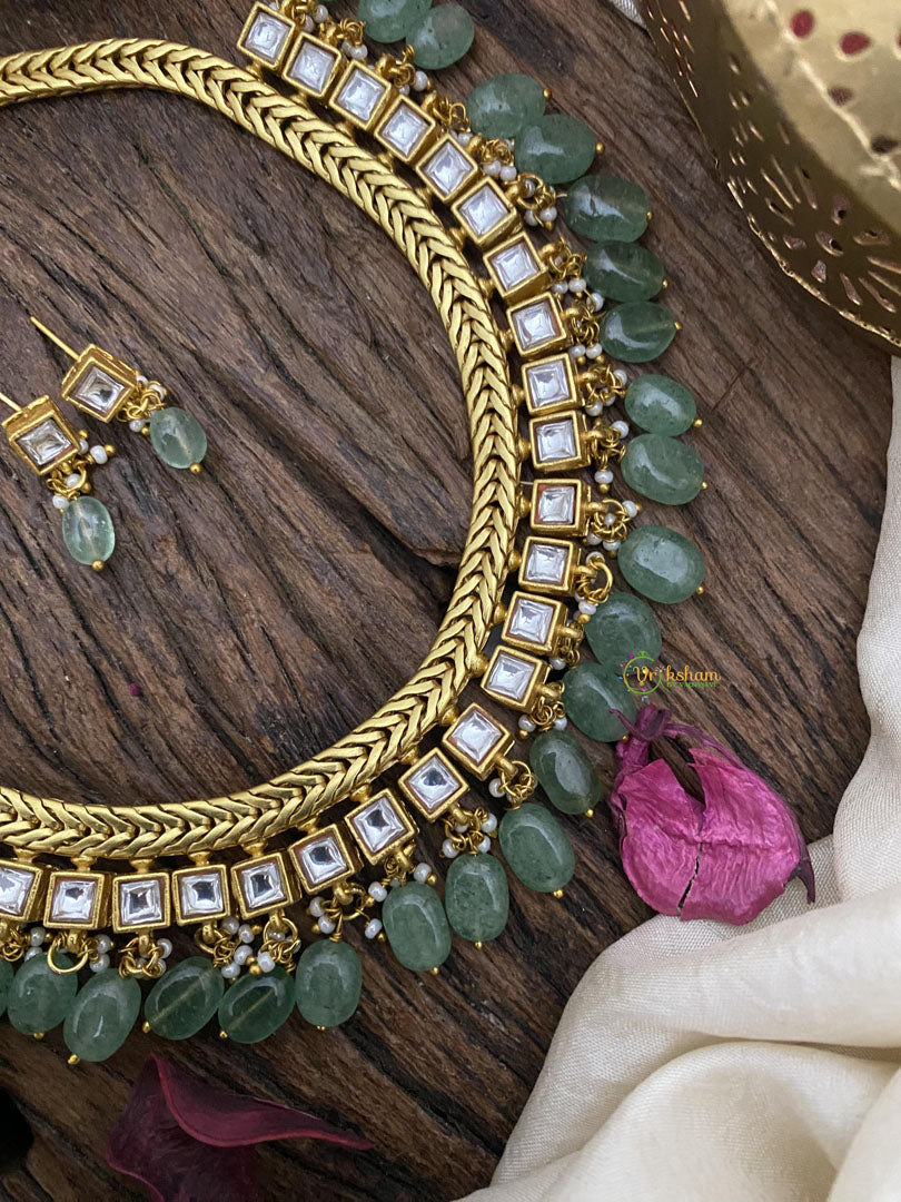 Exquisite Jadau Kundan Neckpiece-White-Green Beads-J2481