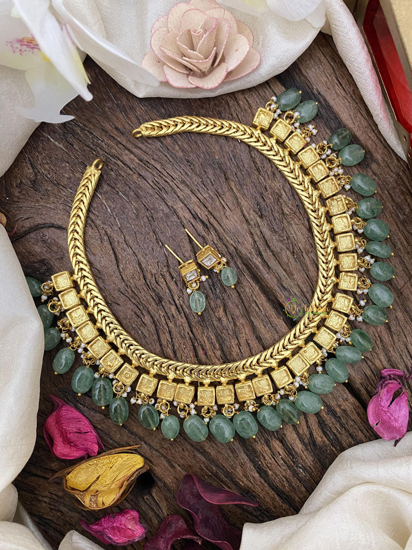 Exquisite Jadau Kundan Neckpiece-White-Green Beads-J2481