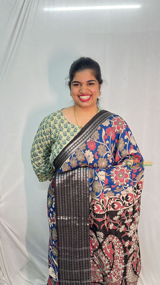 Vriksham Blue Kalamkari Saree with Kanchi Border-VS4210